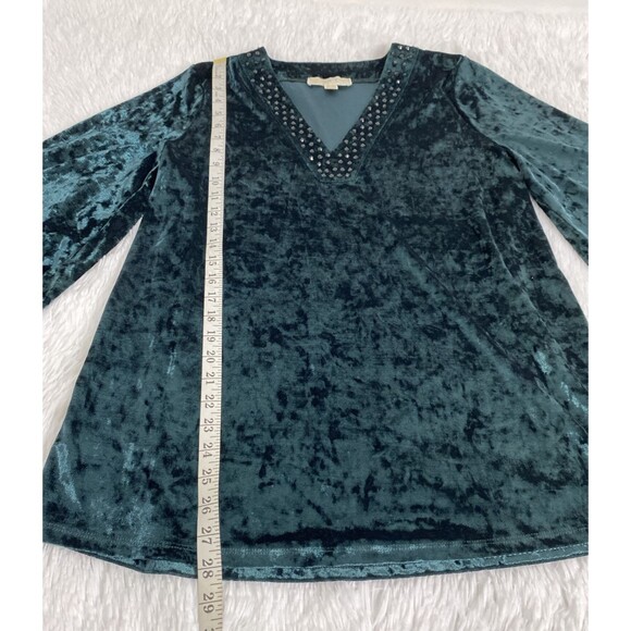 Michael Kors Velvet Top Size L Emerald Green Crushed Blouse Bell Sleeves 3/4 - Picture 7 of 14